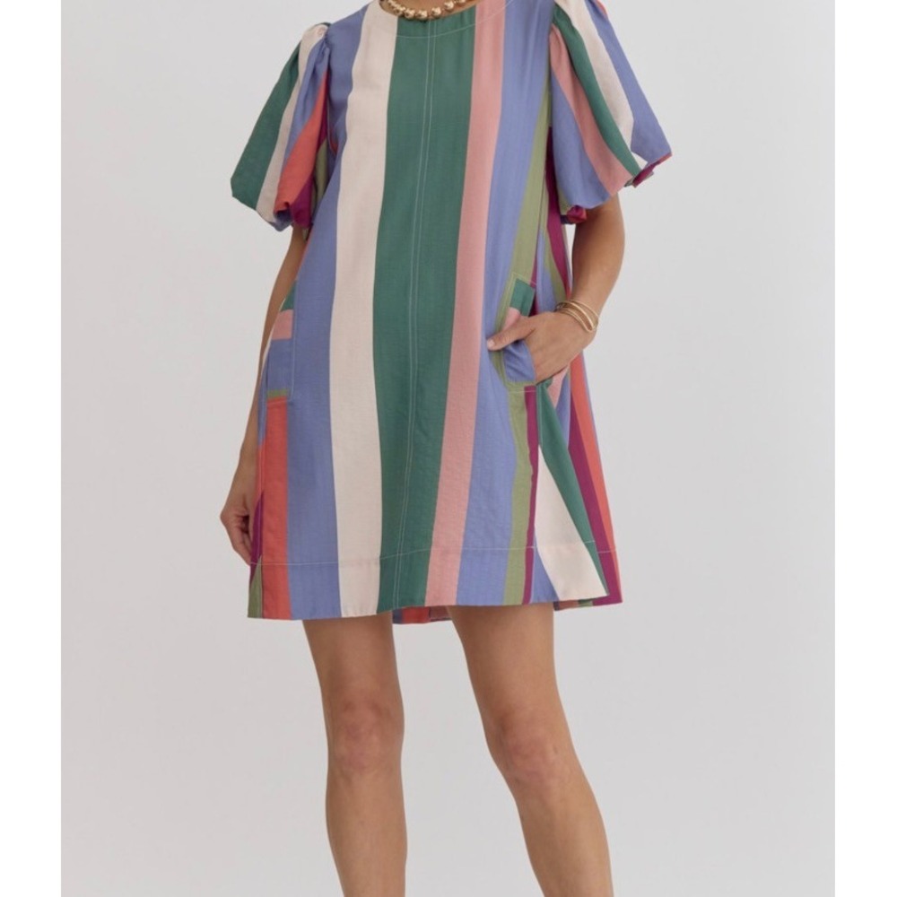 Entro Mini Dress Multicolor Striped Puff Sleeve Babydoll Pockets Flare Small